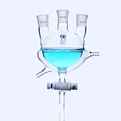 Flacon de laboratoire Double couche à fond rond en verre Borosilicate épais, flacon à trois bouches, avec Valve de vidange 