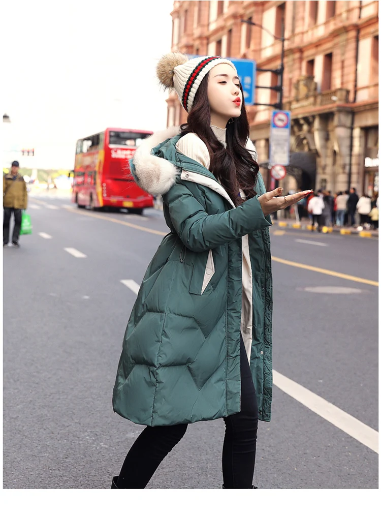 Fashion Long Sleeve Mid-length down Jacket Winter Hooded Zipper Hooded Casual