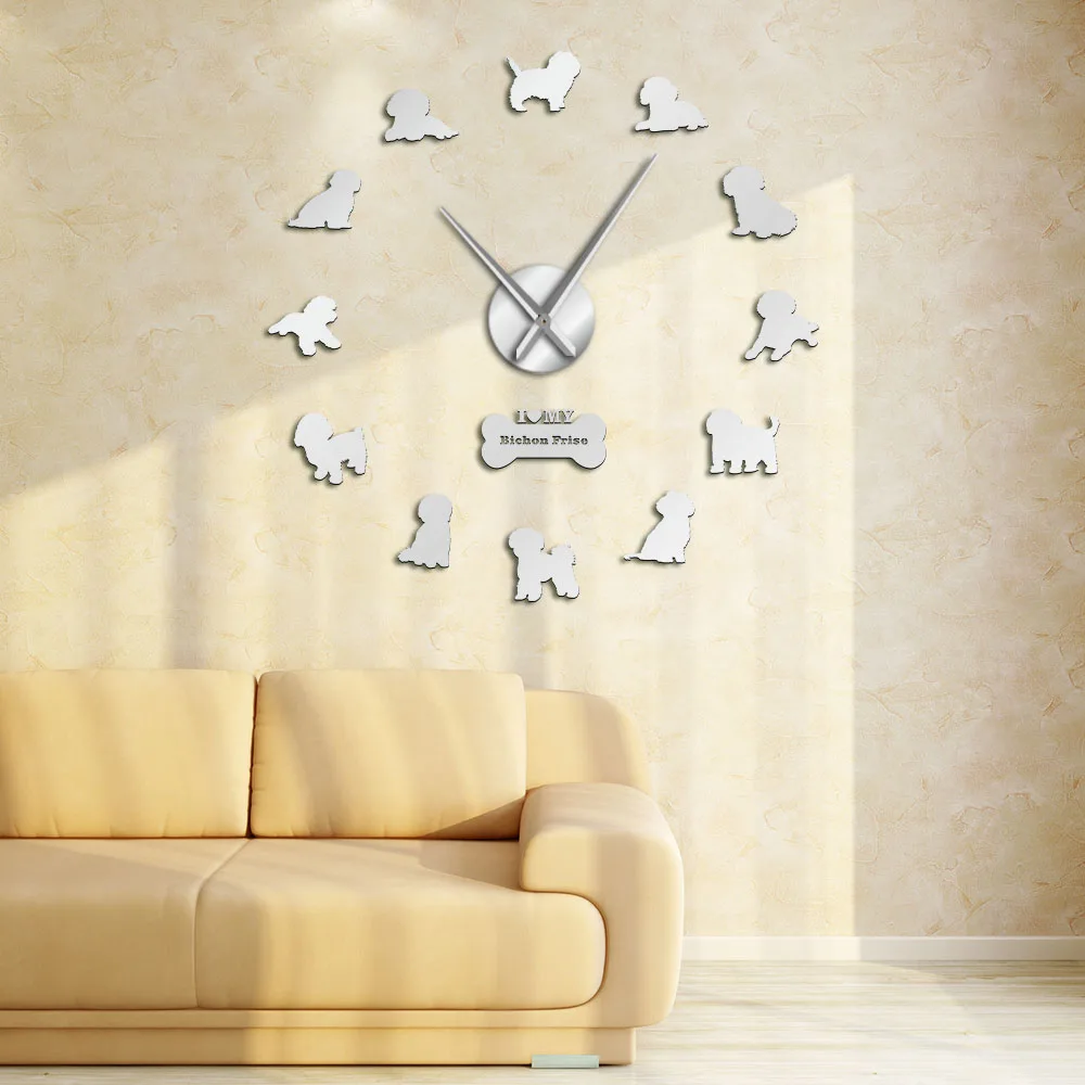 Bichon Frise Large 3D Mirror Effect Sticker Bichón Tenerife Silent Non Ticking Movement Wall Clock Bichon à poil frisé Big Watch