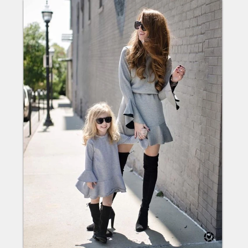 Fashion matching family outfits mom and daughter dress Solid Full mother and daughter clothes big sister little sister Dresses