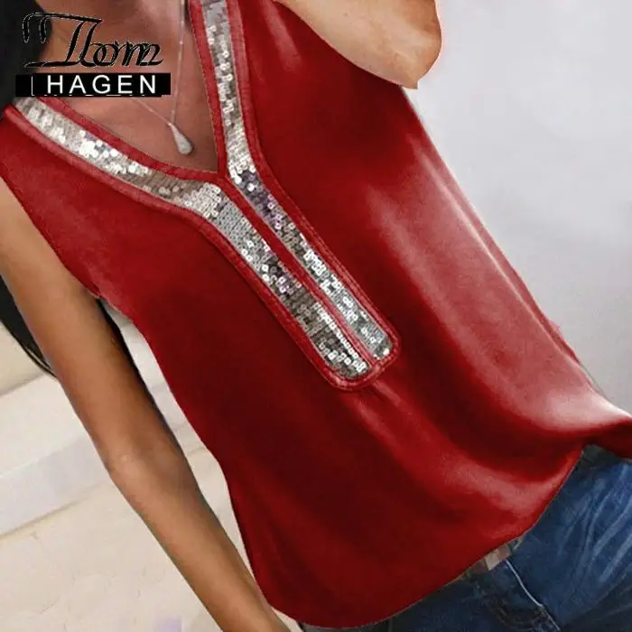 Женская шифоновая блузка с V образным вырезом блестками|Блузки| |