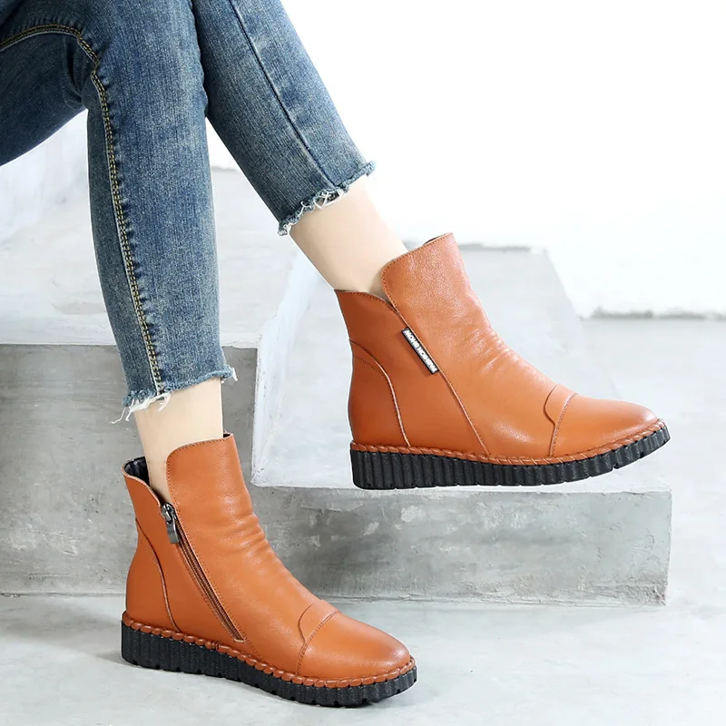 

Leather Short Boots Flat Large Size Women's Boots Non-slip Soft Bottom Women Plus Velvet Cotton Boots