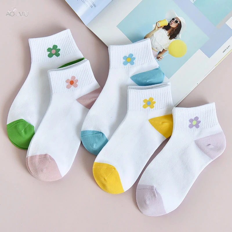AOMU/весенне-летние хлопковые носки до щиколотки, повседневные однотонные короткие носки, милые женские носки без пятки с цветочным рисунком для девочек