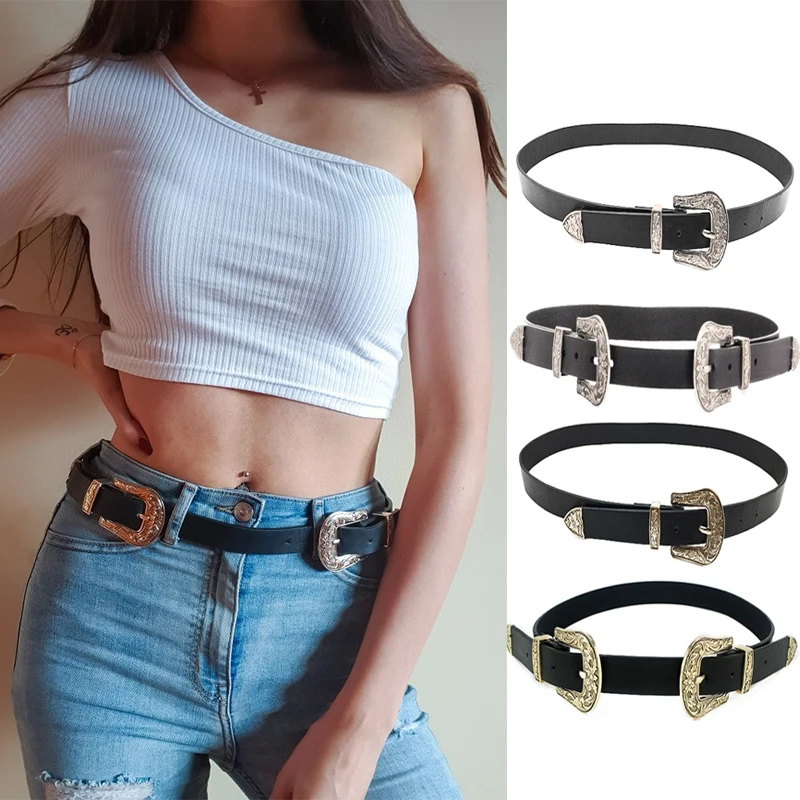 Fashion Women Belt Vintage Boho Punk Metal Waistband Lady Leather Double Buckle Adjustable Waist Belt