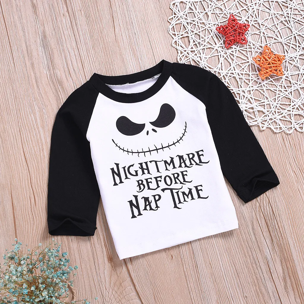 Осенне-зимняя блузка для новорожденных девочек и мальчиков на Хеллоуин, с принтом в виде букв, футболки с круглым вырезом, maillot new fille