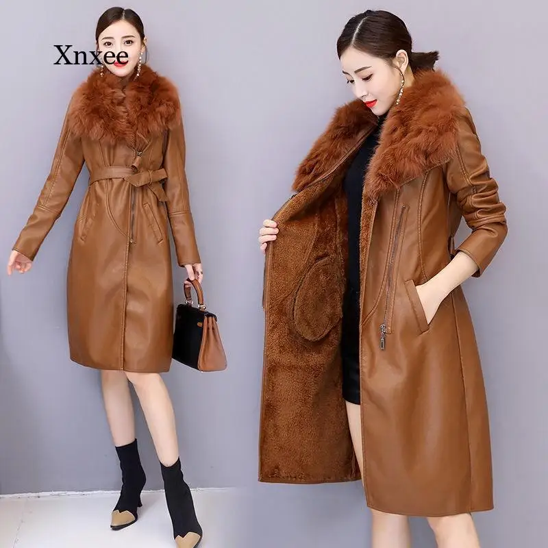 

Winter Women's Leather Jacket New Style Plus Velvet Warmth Slim Big Fur Collar Long Leather Jacket Women's Jacket