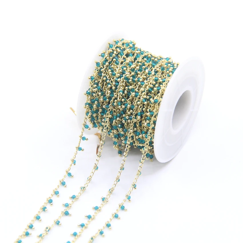 5Meter 11Color Choice 2mm Faceted Round Glass Beads Rosary Chains,Plated Gold Brass Wrapped Small Glass Beaded Necklace Chains