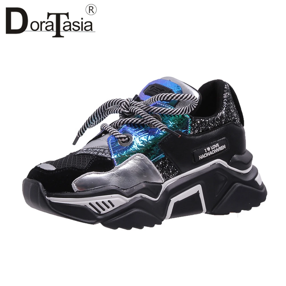 

DORATASIA New INS Hot Sweet Girl Dad Shoes Woman Shining Glitters Platform Shoes Woman Casual Flats