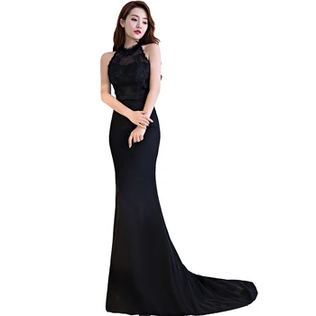

Holievery Halter Neck Satin Mermaid Evening Dresses with Lace Bow 2020 Backless Long Evening Gowns Black Formal Dress