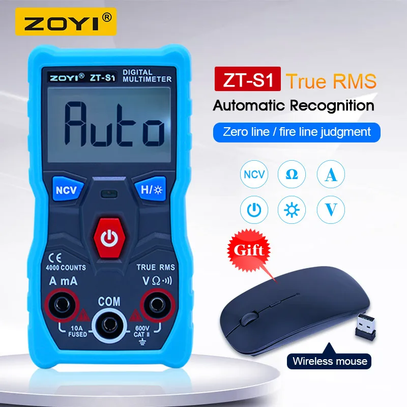 ZOYI ZT-S1 True RMS multimetro lcd Цифровой мультиметр 4000 отсчетов подсветка авто диапазон с NCV Удержание данных(Mose в подарок