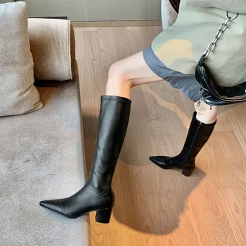 

MLJUESE 2021 women knee-high boots Stretch fabric winter short plush black color pointed toe high heels female high boots