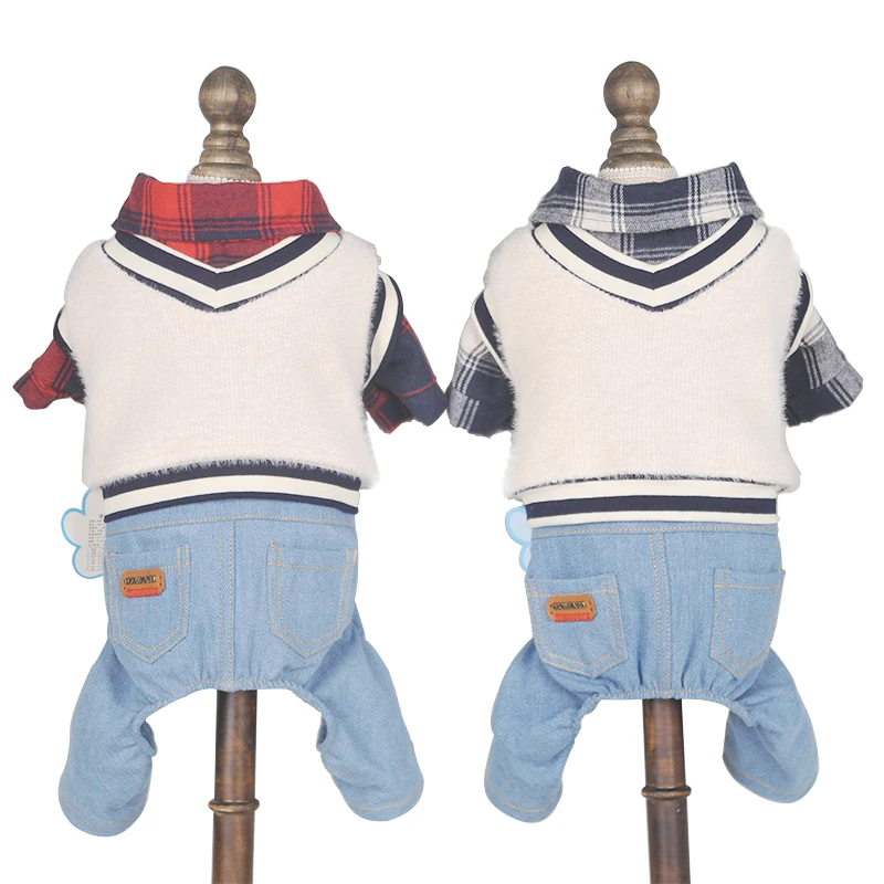 

Autumn Dog Jumpsuit Plaid Denim Overalls for Dogs Vest can be Detachable Clothes Dog Sweaters 2 Color XS S M L XL