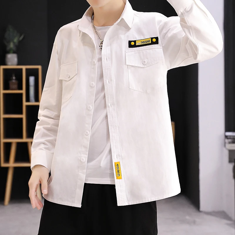 

Fashion Mens Shirts Slim Fit Solid Color Men Shirt Double Pocket Autumn Black Green Khaki Men Long Sleeve Shirt