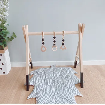 

Wooden Play Gym for Baby Mobile Infant Exercise Activity Play Gym with Foldable Stand Frame and 3 Sensory Toys Newborn Gift
