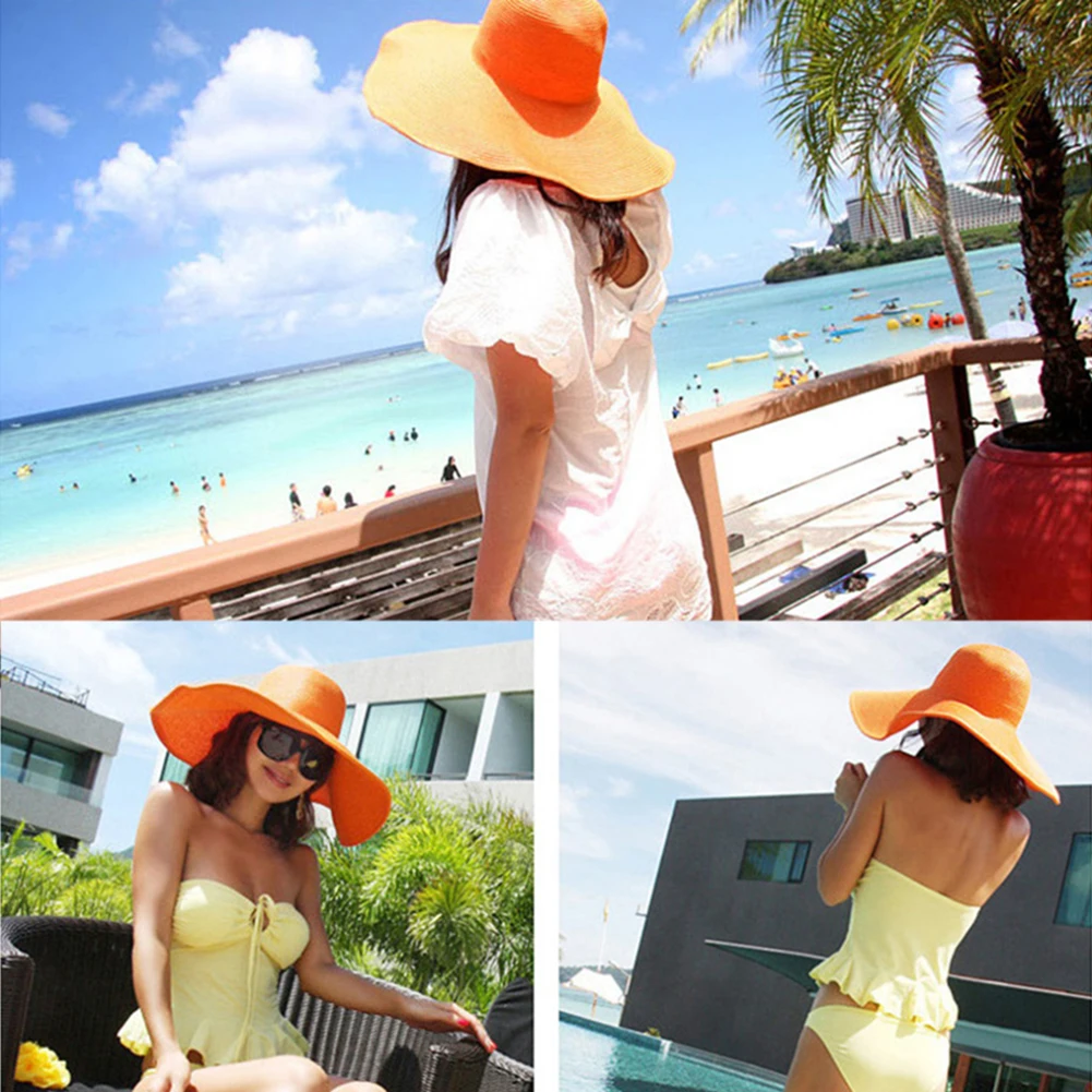 Hawaiian Summer Beach Floppy Hat Solid Color Women Wide Brim Straw Sun Cap