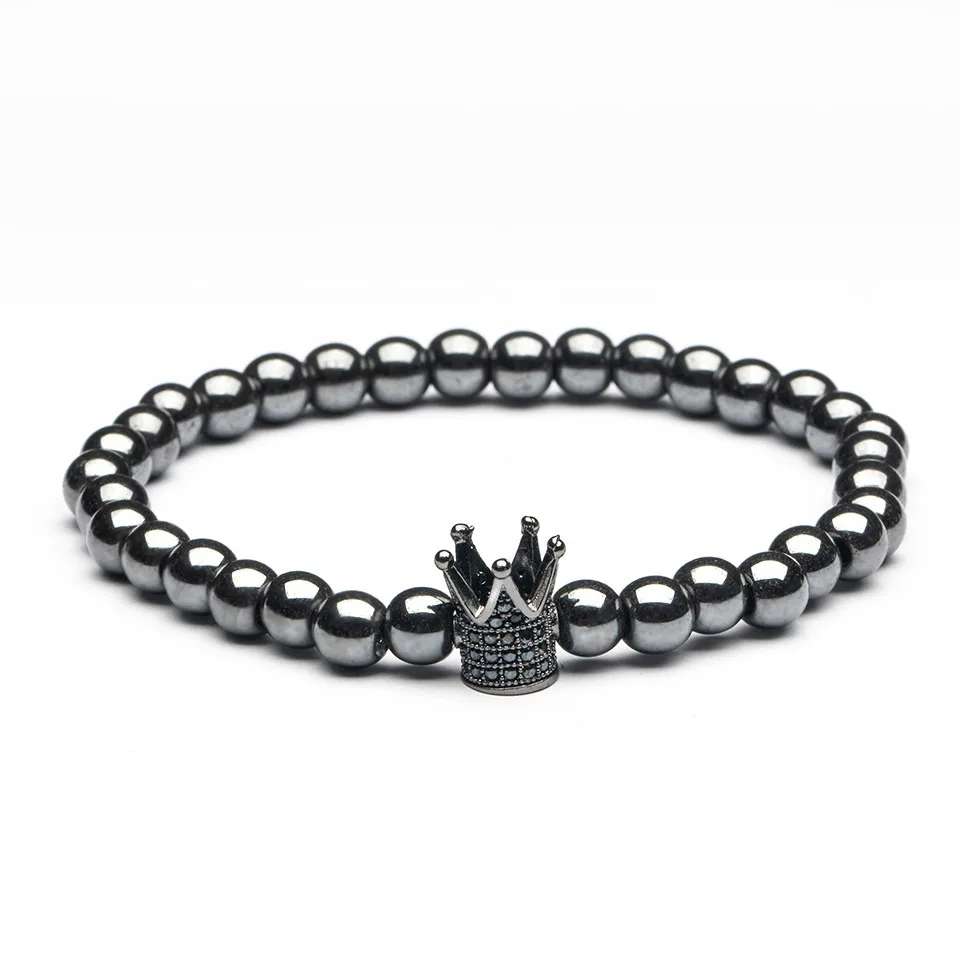 Crown-Gun Black Модные Серебряные Браслеты Золотая Корона Strand Браслеты Мужские Ювелирные Изделия Ручной Работы Натуральный Камень Гематит Браслет Обруча Из Бисера Горный Хрусталь Голова Леопарда Крест Шарм Браслет Подарки - Окраска металла: Crown-Gun Black