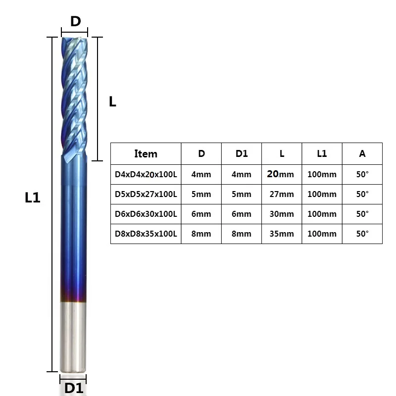 XCAN 1 шт., футболка с длинными 100L Вольфрам карбидная заканчивающаяся мельницей HRC 50 Nano покрытие синего цвета с ЧПУ фрезы 4 Флейта концевой фрезы 4/5/6/8 мм