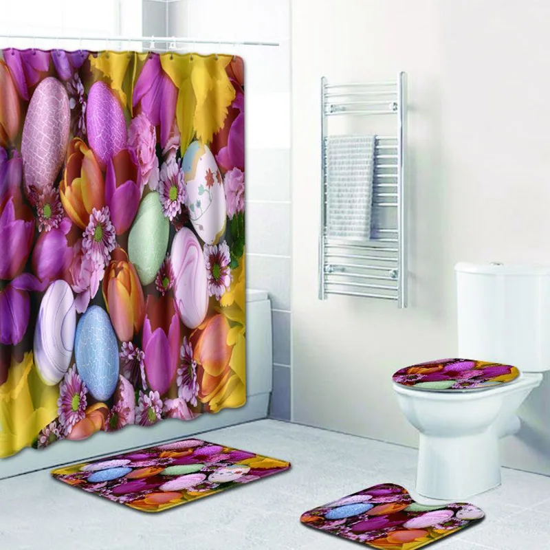 

4pcs/set European Style Easter Day Print Waterproof Shower Curtain Polyester Fabric Washable Modern Bath Curtain Hooks Home