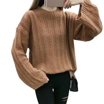 

Women Autumn Winter Solid Color Long-Sleeved Loose Half High Collar Bottom Knit Sweater