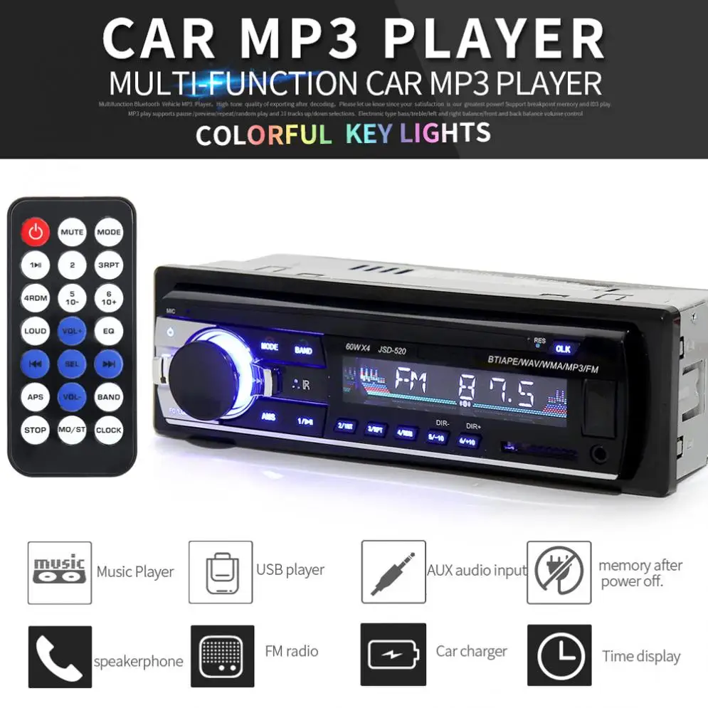 

JSD-520 In-Dash 12V Bluetooth Multifunctional Car Stereo Radio FM Aux Input MP3 Audio Player with USB / SD / ISO Port
