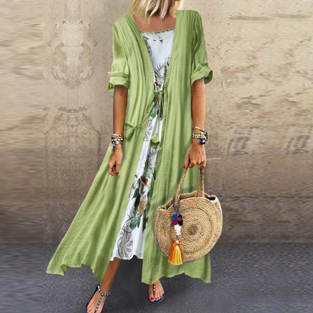 Льняное платье макси размера плюс, женское пляжное платье из двух частей с цветочным принтом и О-образным вырезом, с рукавом 3/4 - Цвет: Зеленый
