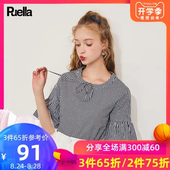 

Stripe Lattice Shirt Woman Short Sleeve 2019 Horn Sleeve Easy Student Chalaza Shirt