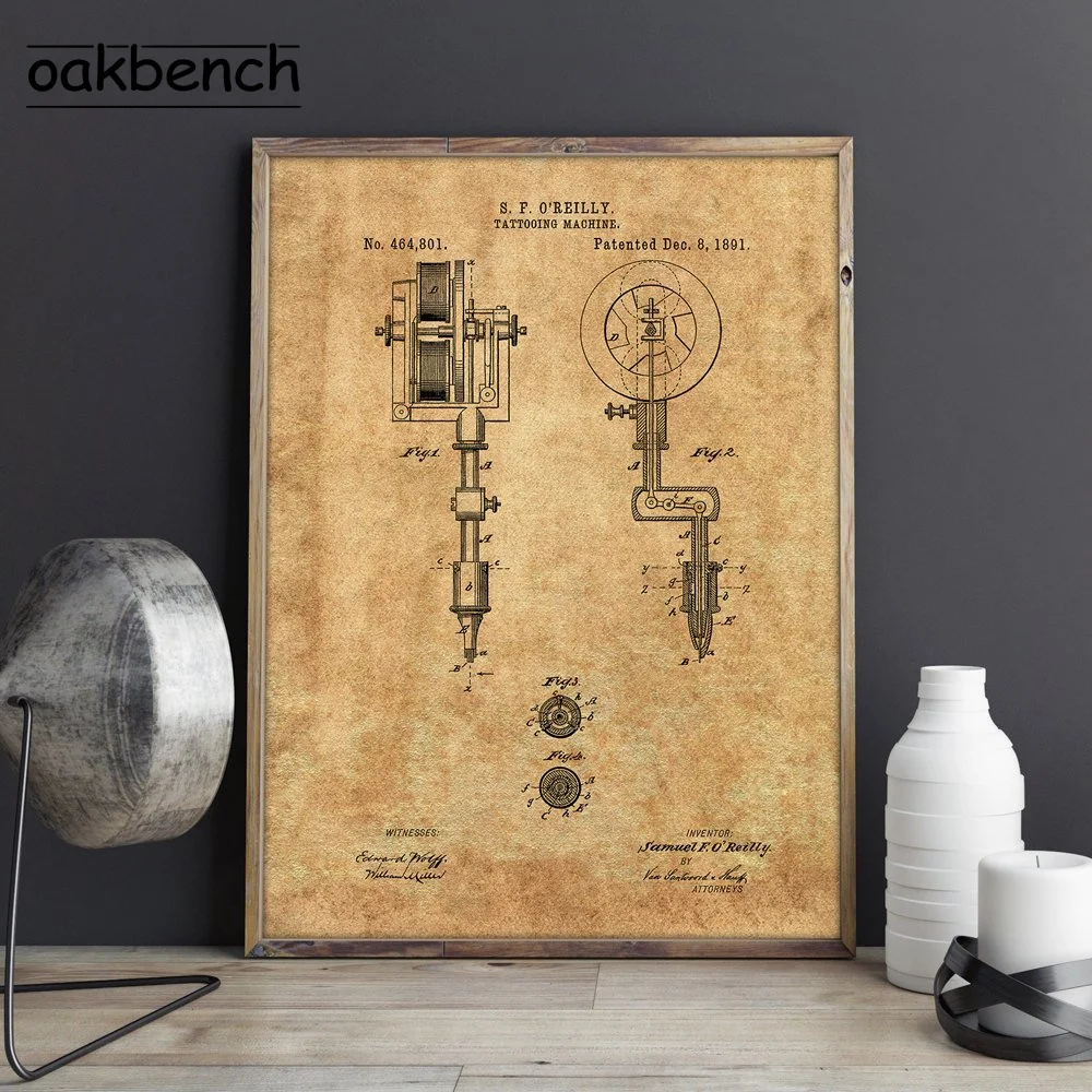 Tattoo Parlor Wall Art Canvas Painting First Tattoo Machine Patent Prints Vintage Blueprint Posters Wall Picture Home Decoration