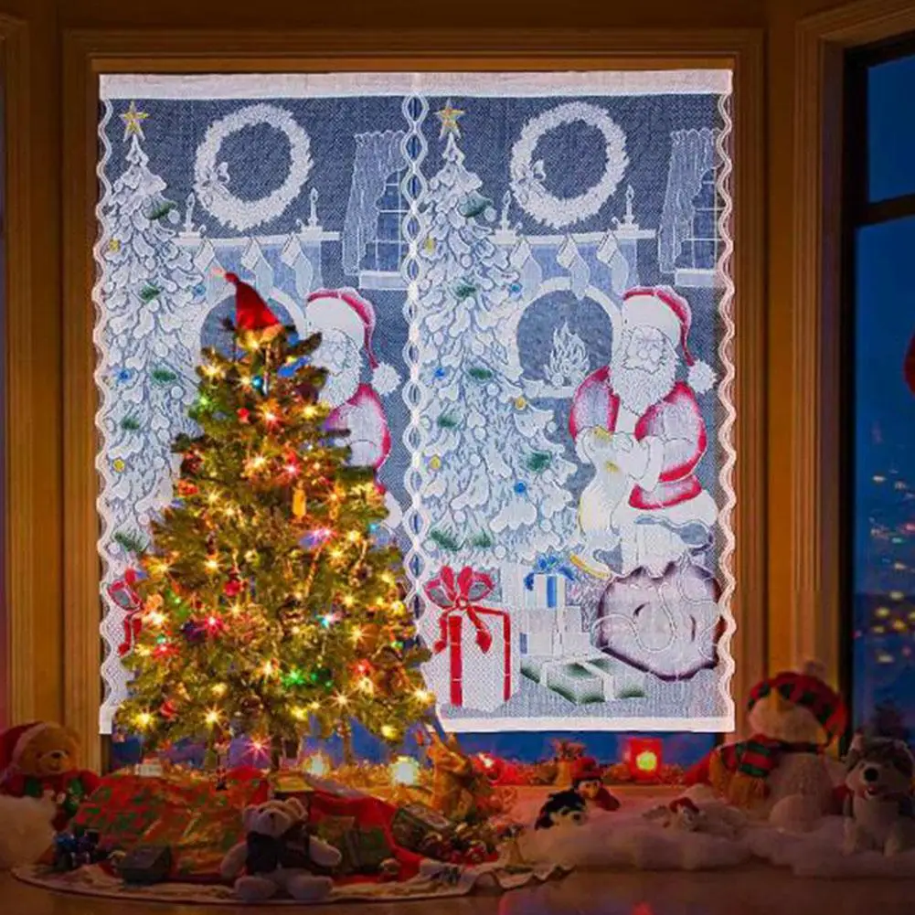 

DishyKooker 1Pcs Chirstmas Window Curtains Spraying Decoration with Lamp Santa Claus Curtain LED Colorful Christmas Tree