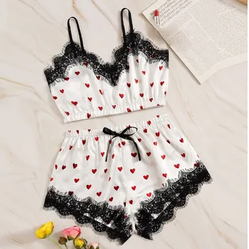 

New Sexy Lingerie Pajamas for women kigurumi home clothes nightie V-Neck Love Heart Print Lace Satin Camisole Bowknot Shorts Set