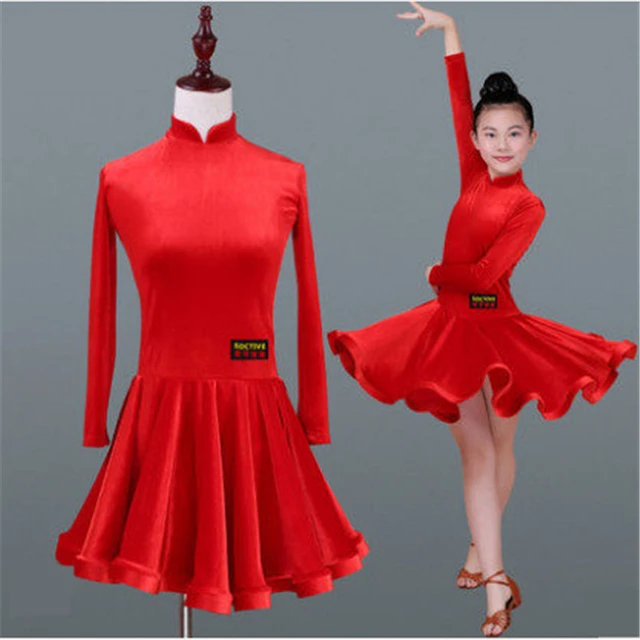 Velvet Long Sleeves Latin Dance Dress For Children Girls Competition  Ballroom Kids Tango Salsa Dancewear Practice Wear Cha Cha