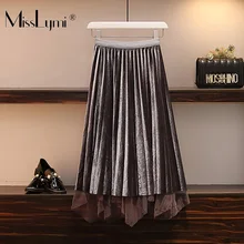 XL-5XL плюс Размеры Для женщин плиссированные юбки осень модные эластичные с высокой талией, из лоскутов Асимметричный сетчатыми оборками юбка с блестками