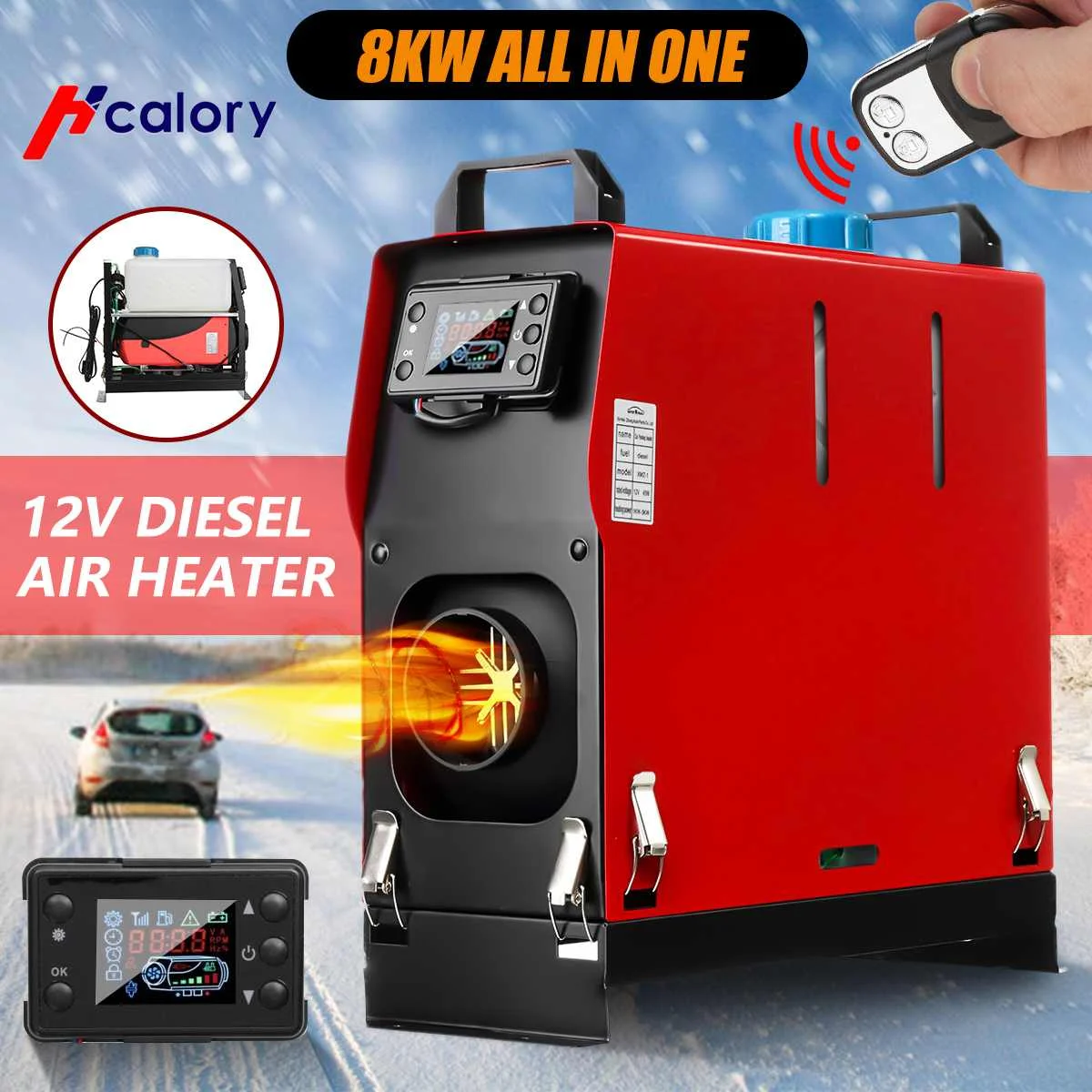 

Hcalory All In One Air diesels Heater 1 to 8KW Adjustable 12V One Hole Car Heater For Trucks Boats Bus LCD key Switch Remote