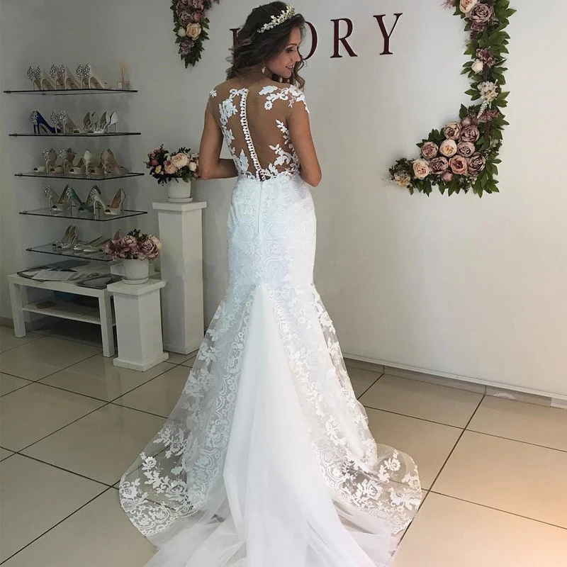 Cap Sleeves Mermaid Wedding Dresses Scoop Sleeveless Lace Appliques Vestidos De Noiva Button Detachable Train Bridal Gown (4)