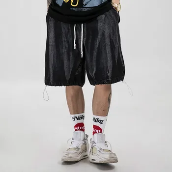

Male Streetwear Hip Hop Vintage Fashion Jeans Shorts Men's Summer Drawstring Loose Casual Washed Denim Wide Leg Cargo Shorts