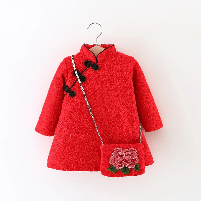 Flower Pattern Зимнее китайское платье Ципао с пандой; зимнее платье для девочек; Одежда для маленьких девочек; vestido infantil; элегантные свадебные платья на год - Цвет: Flower Pattern