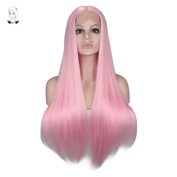 

WHIMSICAL W Straight Pink Color Hair Lace Front Synthetic Wig Long Silky Wigs for Women Natural Glueless Hand Tied Hair