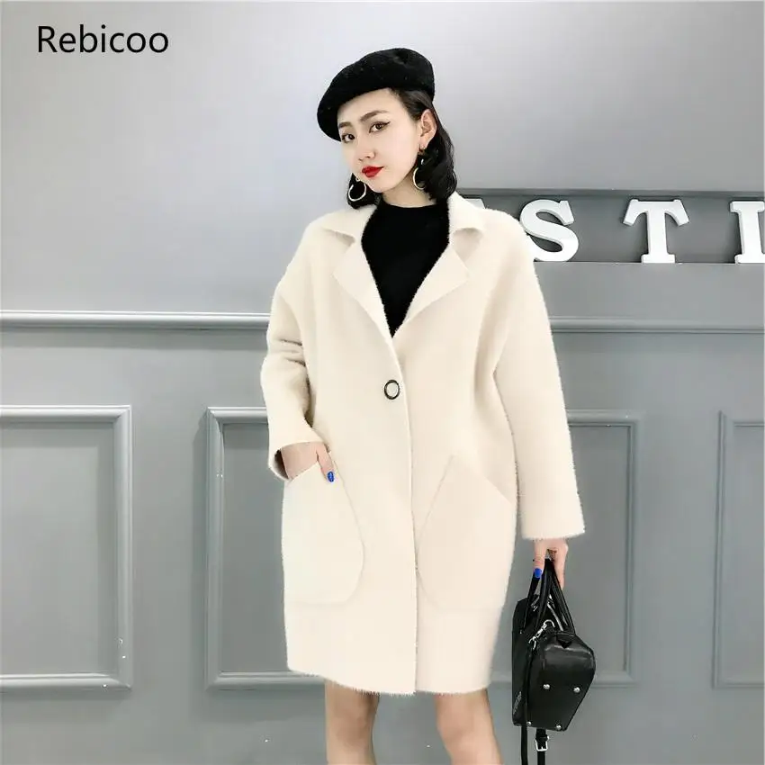 

Artificial Mink Cashmere Comfortable Long Sweater 2019 Winter Warm Cardigans knit Full Sleeve Office Lady Soft Tops Coat