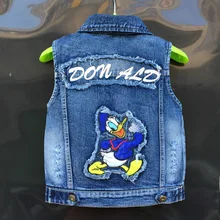 Детский джинсовый жилет; коллекция года; весенняя одежда; стильный жилет для девочек; жилет в Корейском стиле для мальчиков; жилет с Дональдом Даком