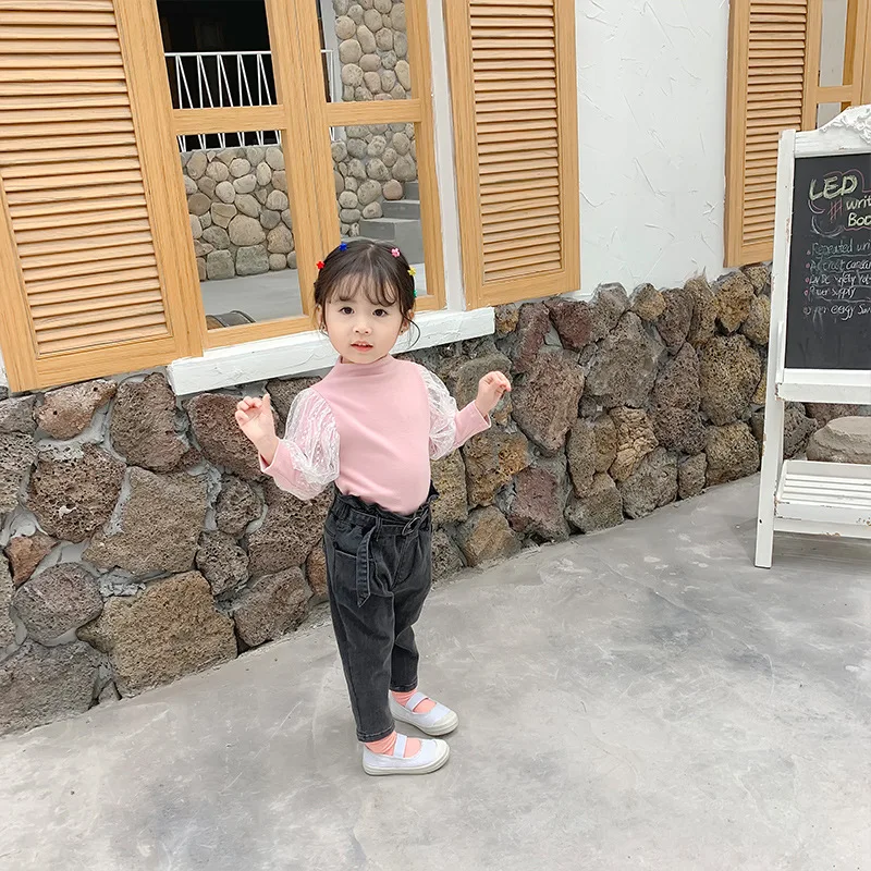 Корейский стиль, кружевные лоскутные футболки с длинными рукавами и воротником-хомутом для девочек, хлопковые универсальные модные базовые Топы, одежда