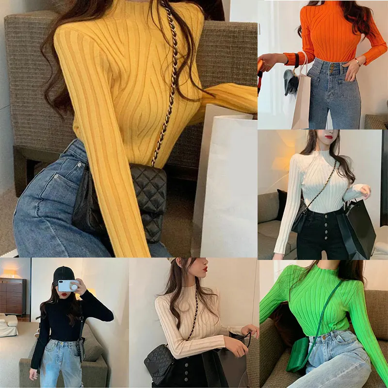 

Women Autumn Spring Korean Version Long Sleeve Loose Sweater Women Slim 7 Colors Sweater Black Bottoming Sweater