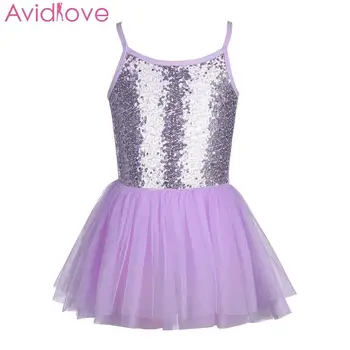 

Girls Dance Dress Sleeveless Mesh Patchwork Summer Sequined Leotard Skirted Dancewear Spaghetti Strap