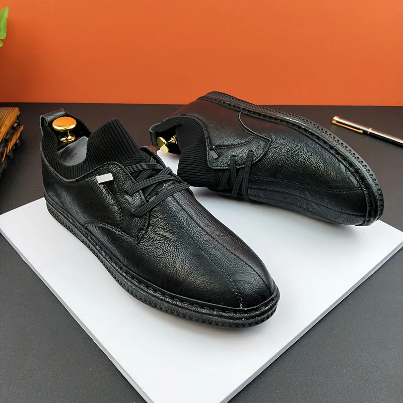 

Tide Male Leisure Time Leather Shoes Soft Leather Fly Fabric England Wind Male Shoe Autumn Wear-resisting Comfortable Soft