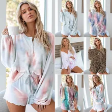 Home Wear Long Sleeve Multicolor Tie Dye Knit 2 Piece Women Fashion Pajama Set High Quality 2020 Womens Pajama Set