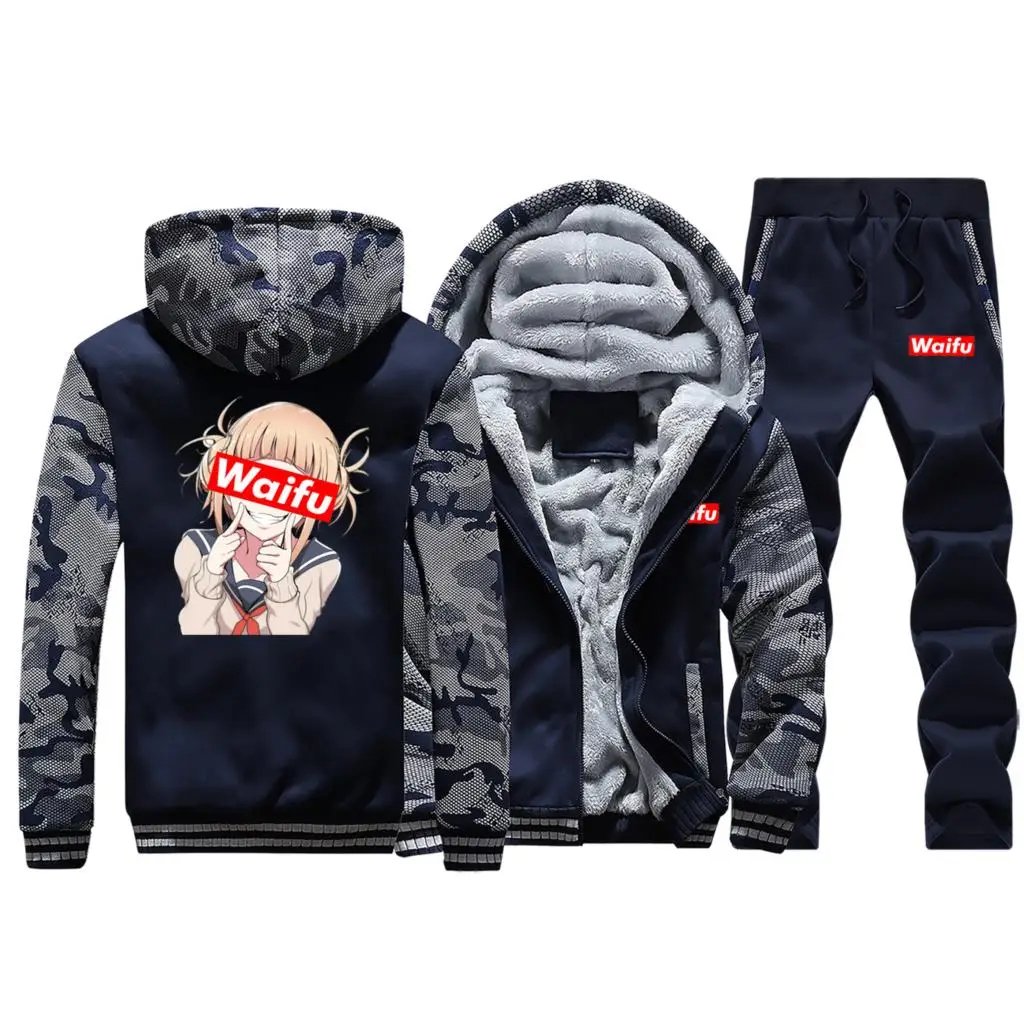 Dark Blue Лидер продаж, зима, Waifu, мультяшное милое камуфляжное мужское флисовое пальто, толстая спортивная одежда, модные теплые куртки, костюм+ штаны, комплект из 2 предметов - Цвет: Dark Blue