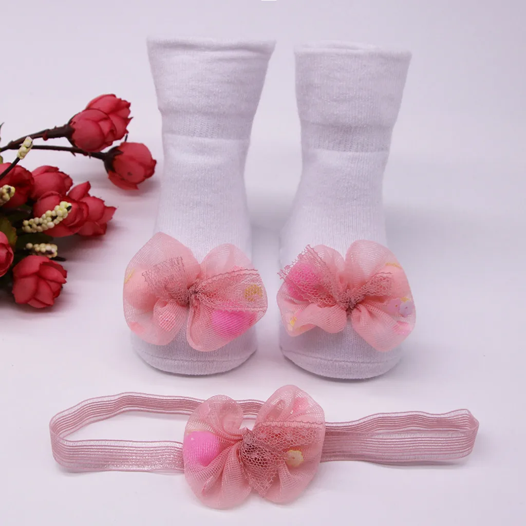 Детские носки детские puericulture для малышей детские носки+ 1 шт. волосы на поясе для маленьких девочек противоскользящие аппликация носки H5