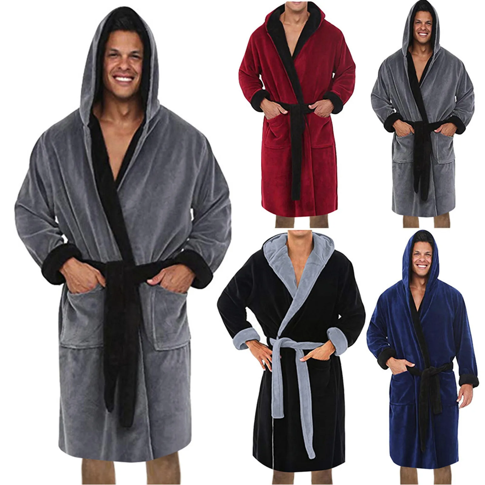 

Men's Robe Coat Bathrobe 2021 Autumn Winter Solid Hooded Nightgown Plush Shawl Bathrobe Home Clothes Long Sleeved Robe Coat