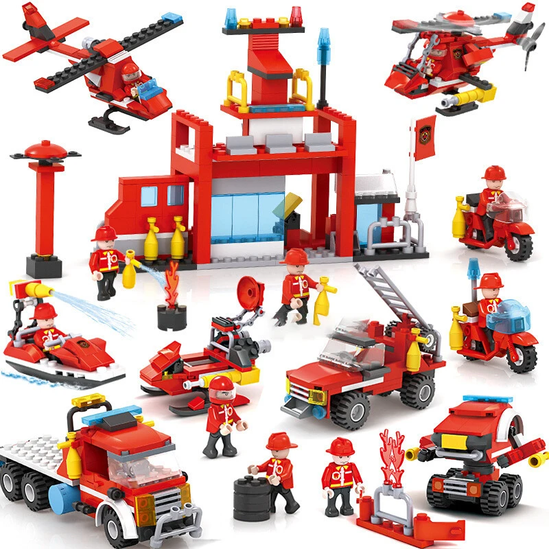 

843pcs 8 In 1 City Fire Series 1 Change 3 Fire Station Building Block Car Aircraft Compatible Legoingly Toy for Children Gifts