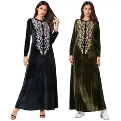 Осенне-зимнее вельветовое платье с длинными рукавами abaya женская мусульманская вышивка кафтан халат jilbaw платье с круглым вырезом 2019 плюс