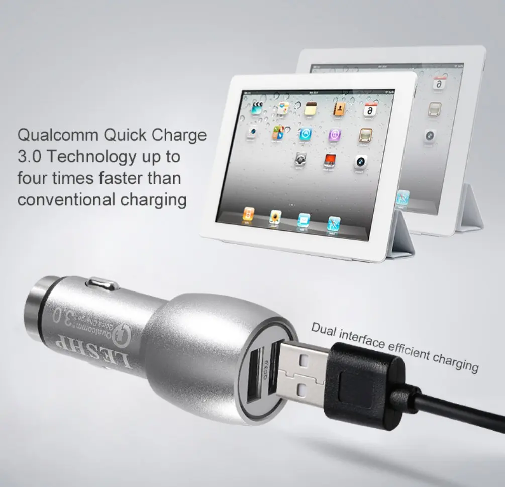 

LESHP Quick Charge QC3.0 Dual USB Ports Mini Portable Lightweight Metal Shell Car Fast Charger Universal For Smart Phones