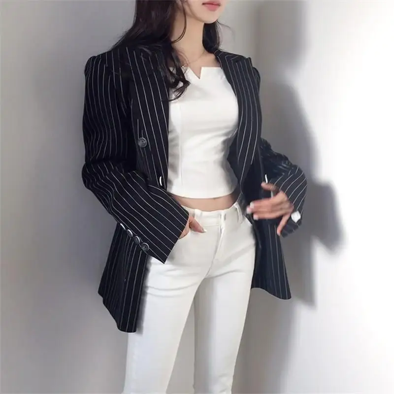 Office Ladies Striped Blazers Women Streetwear Double-Breasted Suit Jacket Casual Blazer Notched Jacket Loose Coat